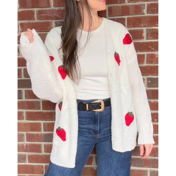 LOVE TREE Sweaters - NEW LOVE TREE strawberry fields cardigan in white